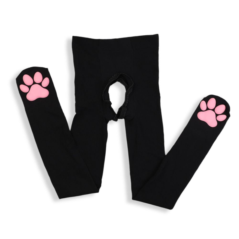 3D cat paw crotchless pantyhose black
