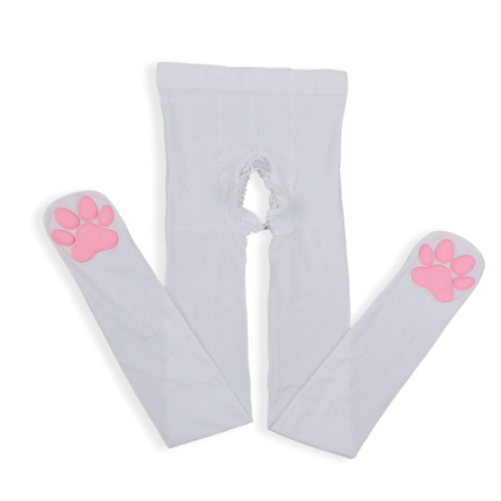3D cat paw crotchless pantyhose white