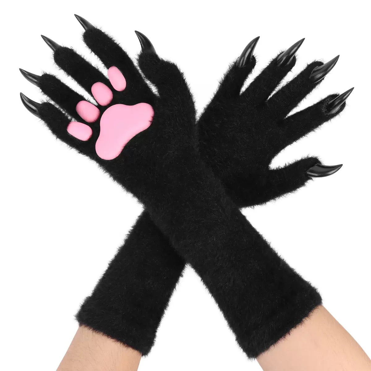Black gloves with claw tips and a pink paw print on a white background