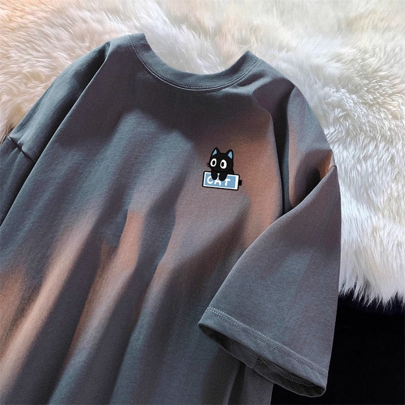Gray Cute Cat Printed T-Shirt - Femboy Fashion