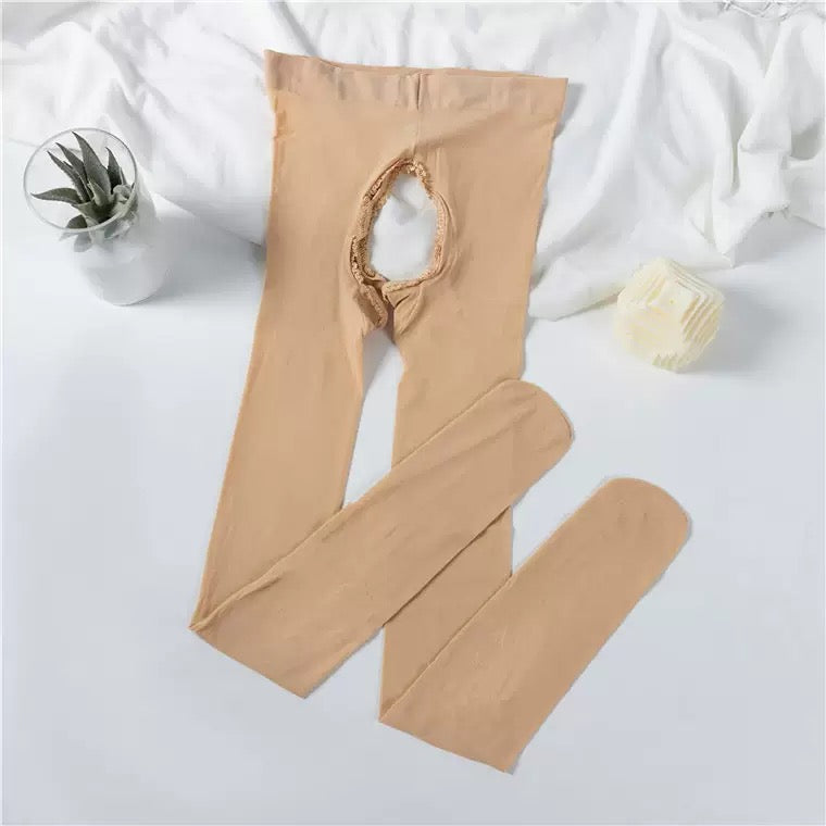 Beige plus size solid crotchless pantyhose