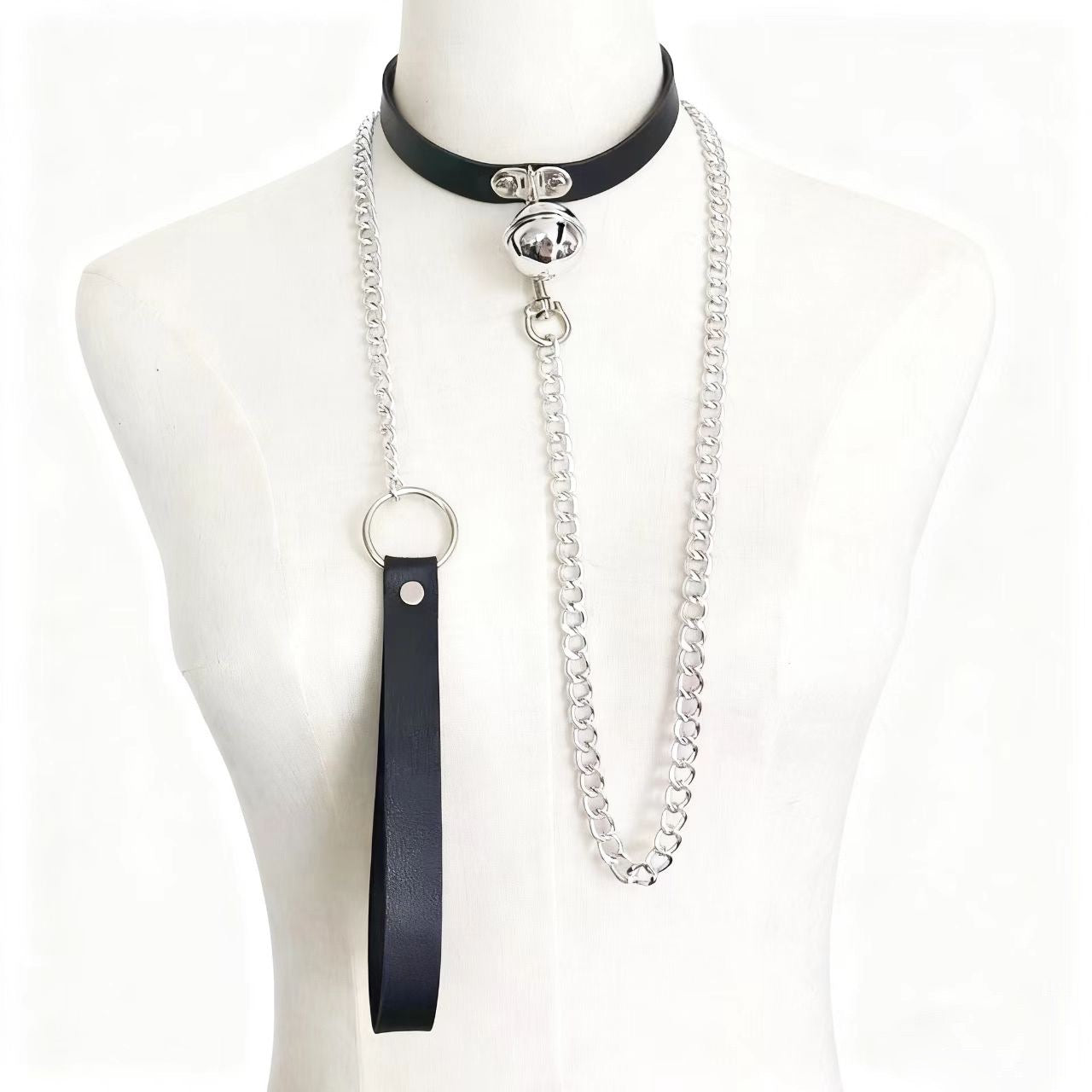 Black leather and silver chain choker necklace on a mannequin neck.