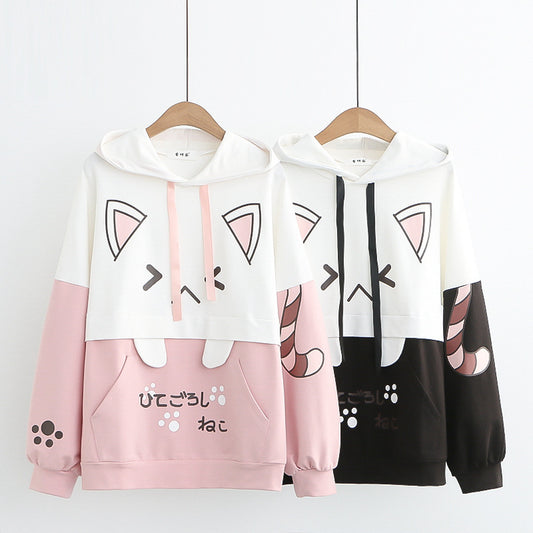 Pink And Black Cute Cat Ear Printed Hoodie - Femboy Fashion