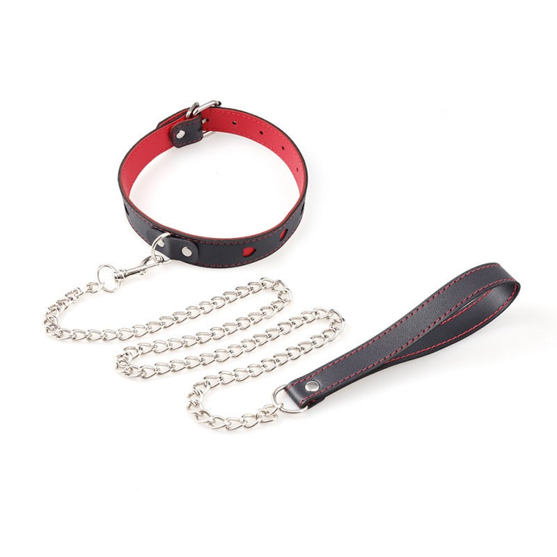 Black and red leather collar with chain femboy fashion