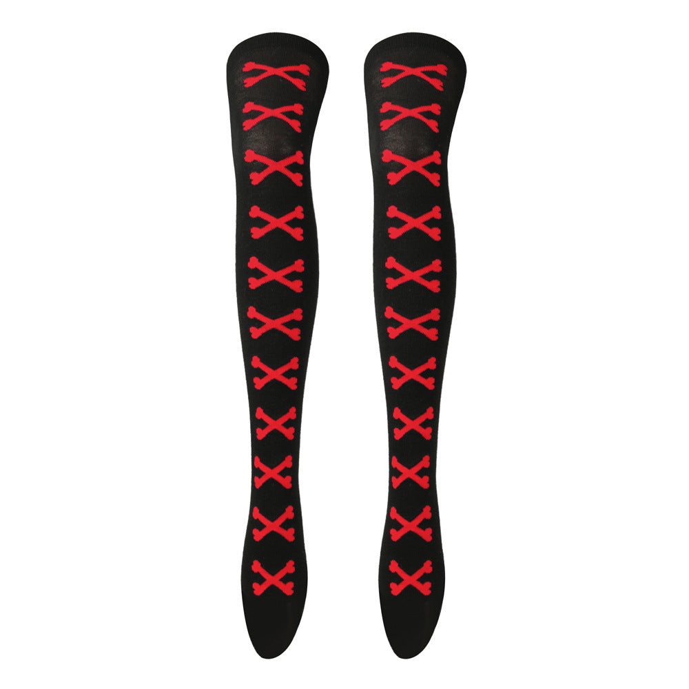 Black and red skeleton bone thigh high socks