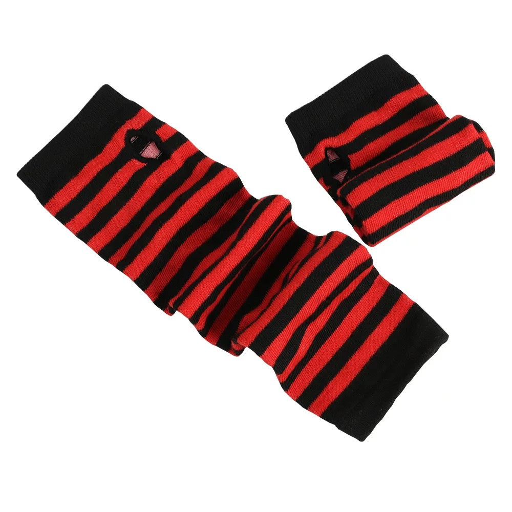 Black and red striped arm warmers
