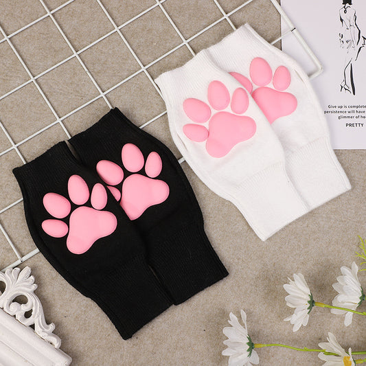 Black And White 3D Cat Paw Knitted Gloves - Femboy Fashion