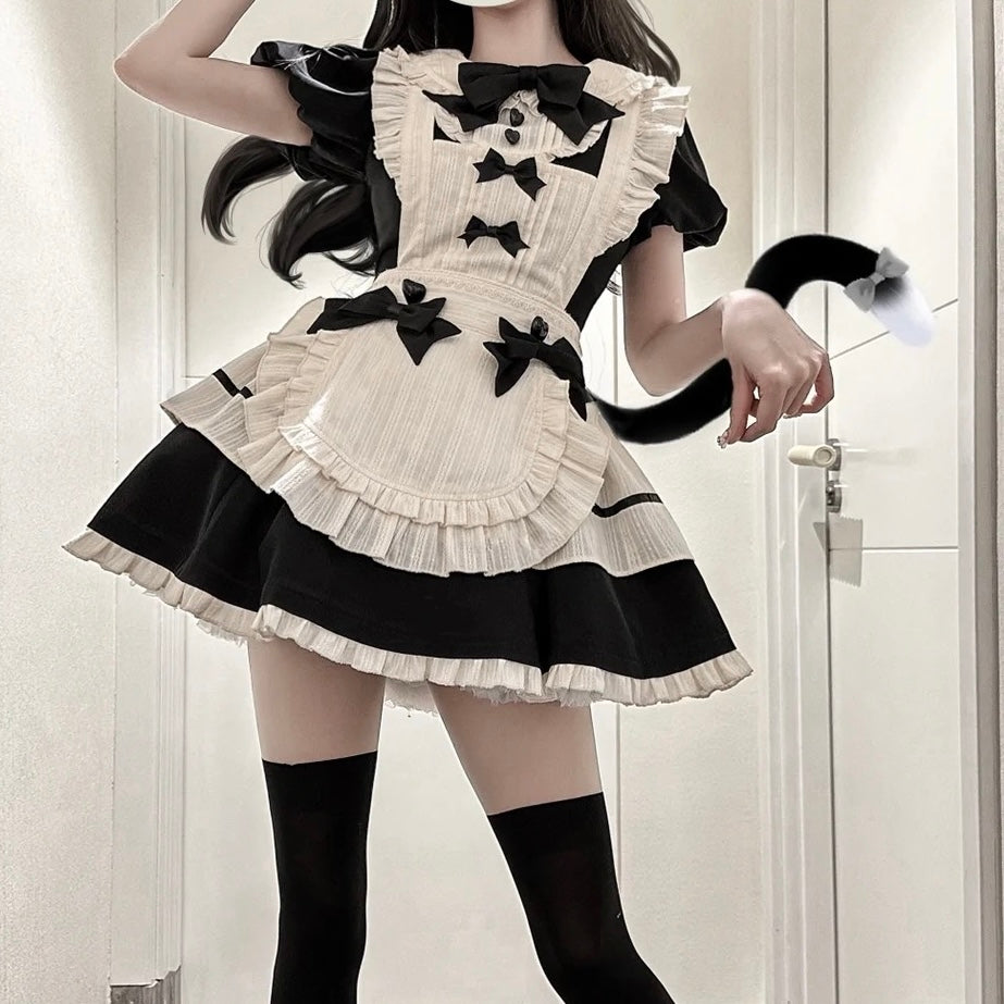 Black And White Plaid Lolita Maid Dress - Femboy Fashion