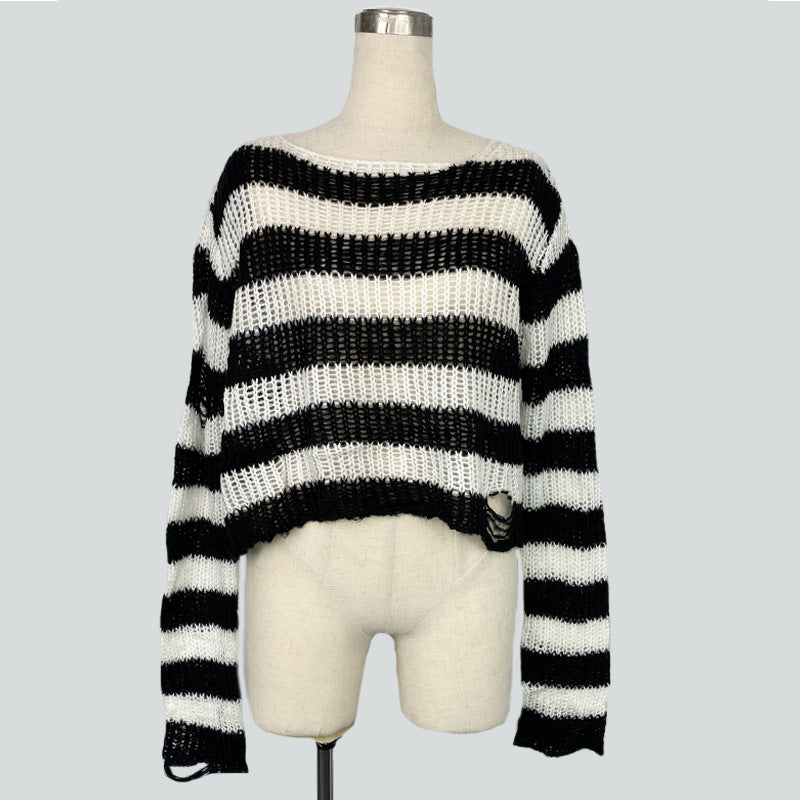 Black and white striped distressed crop sweater