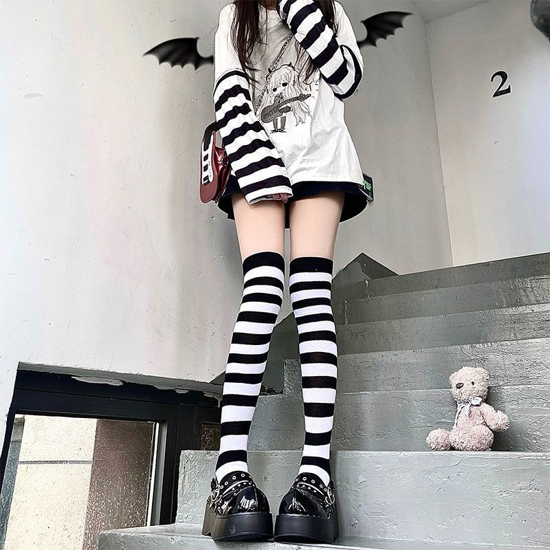 Black And White Striped Knee High Socks - Femboy Fashion