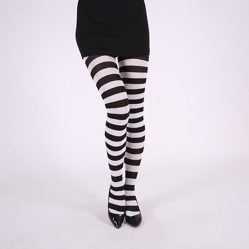 Femboy black and white striped pantyhose