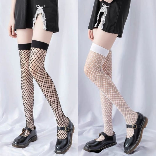Black And White Thigh High Fishnet Stockings - Femboy Fashion