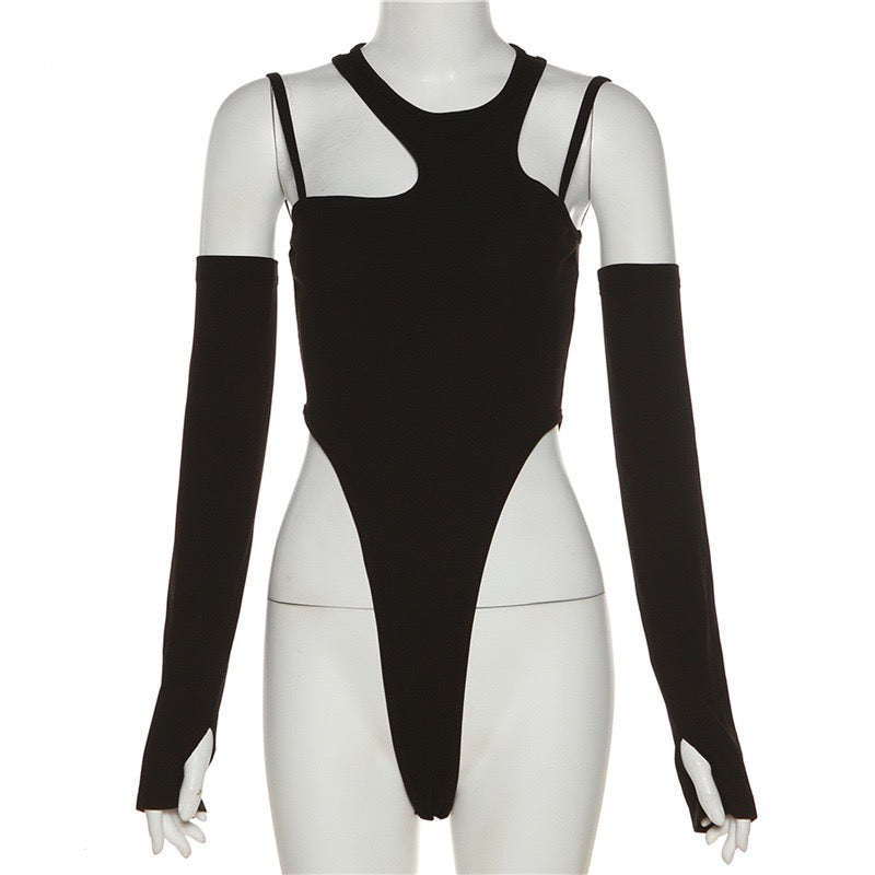 Black bodysuit with gloves front