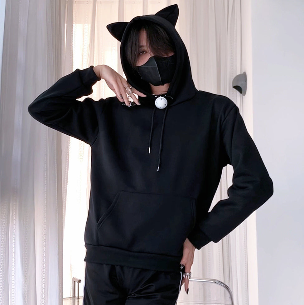 Femboy wear a black cat ear oversize hoodies