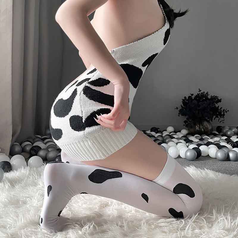 Sexy Cow Print Backless Lingerie Set - Femboy Fashion
