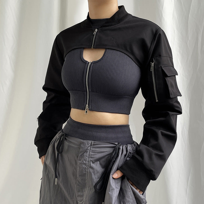 Black Crop Top Zip Up Hoodie - Femboy Fashion