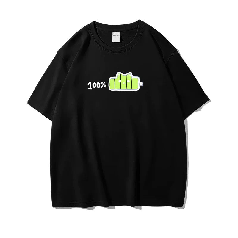 Black cute charge cat t-shirt