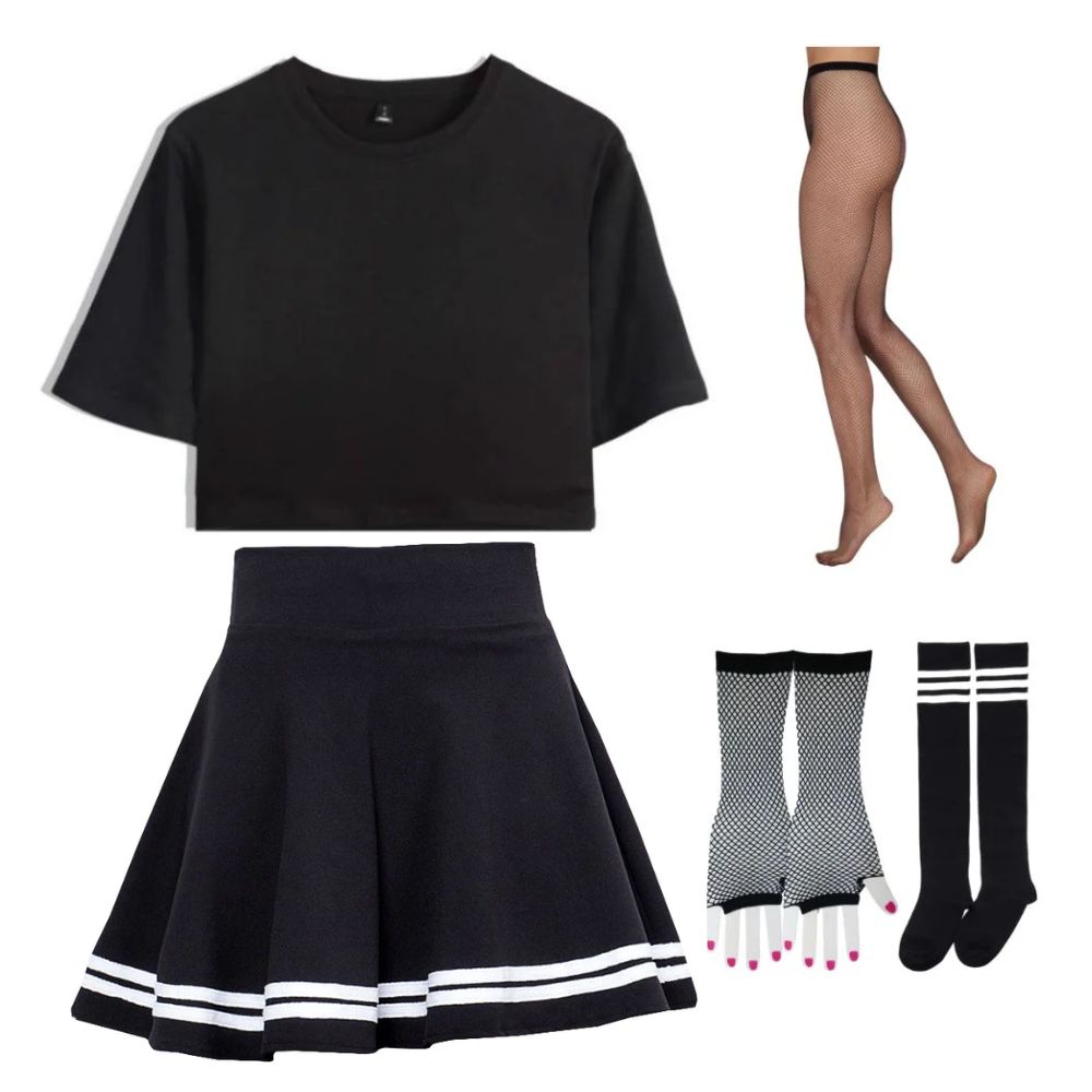 Femboy black crop top, black skirt, and knee-high socks with a pattern on a white background