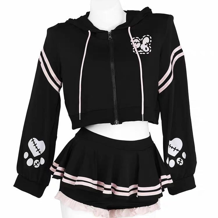 Femboy black crop hoodie and mico skirt set front