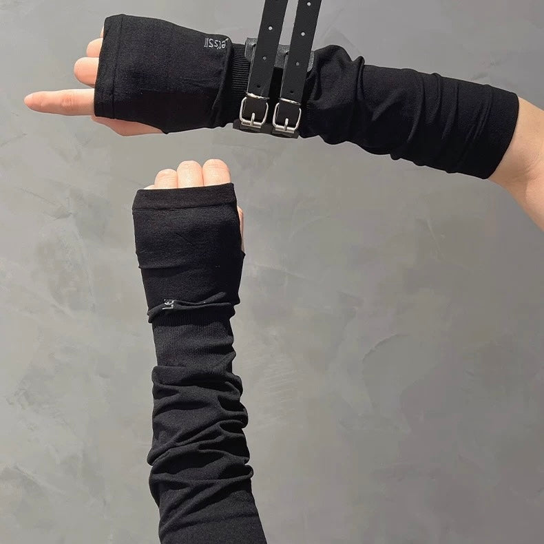 Black Fingerless Mittens With Leather Bracelet