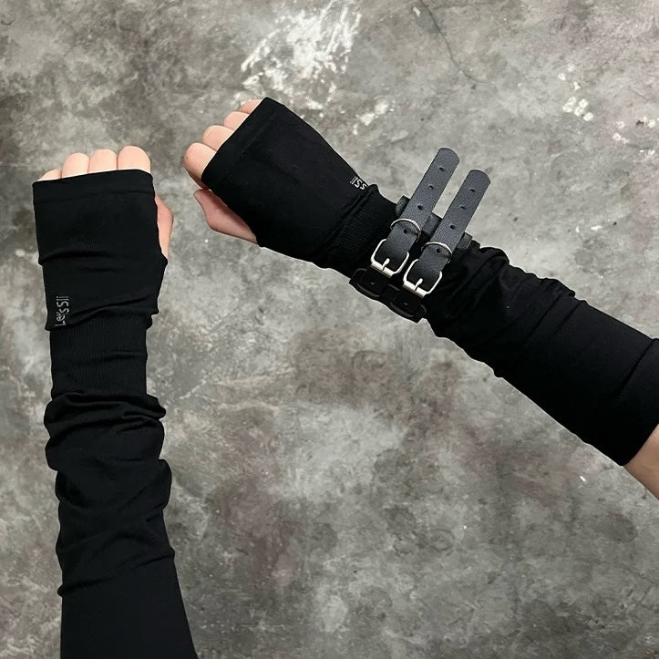 Black Fingerless Mittens With Leather Bracelet