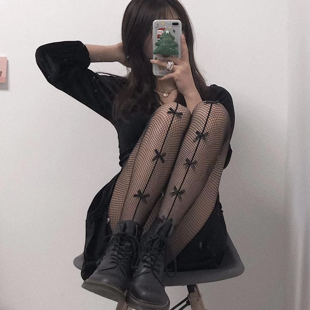Femboy in Black Fishnet Pantyhose With Bows - Femboy Fashion