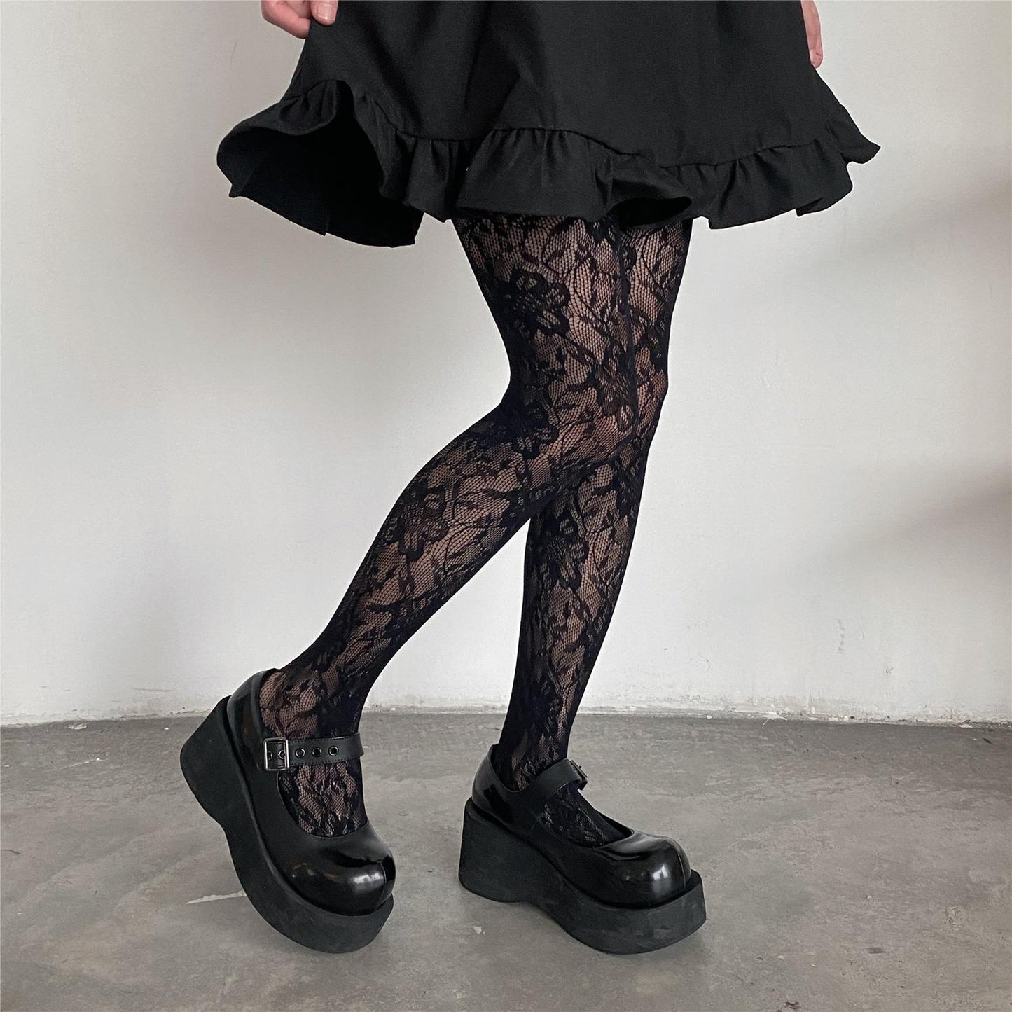 Femboy in Black Floral Lace Pantyhose - Femboy Fashion