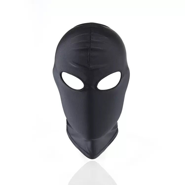 Black face mask with eye holes on a white background
