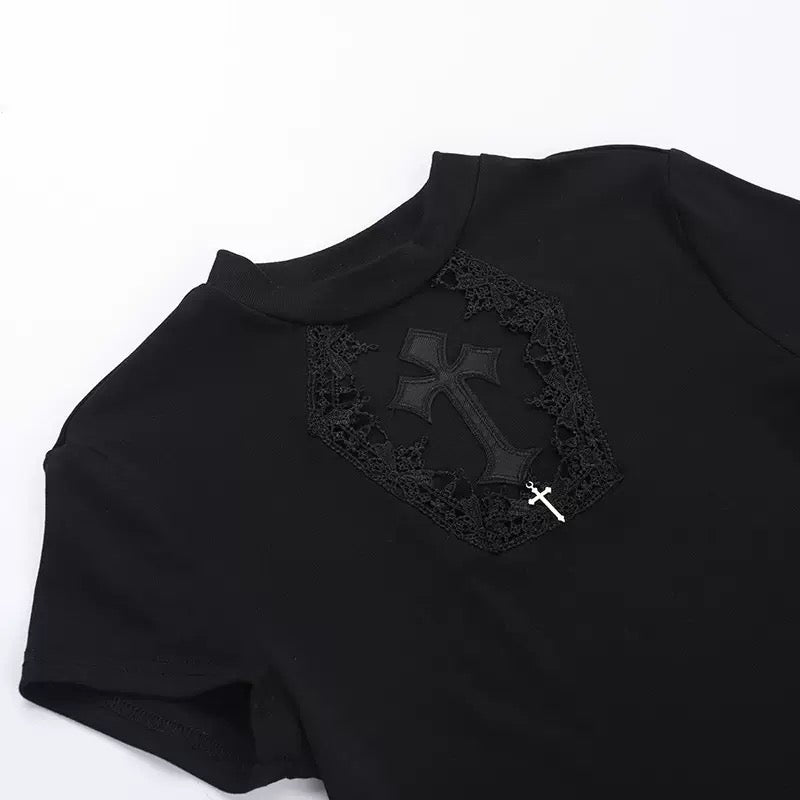 Black t-shirt with lace detailing and crosses on a white background