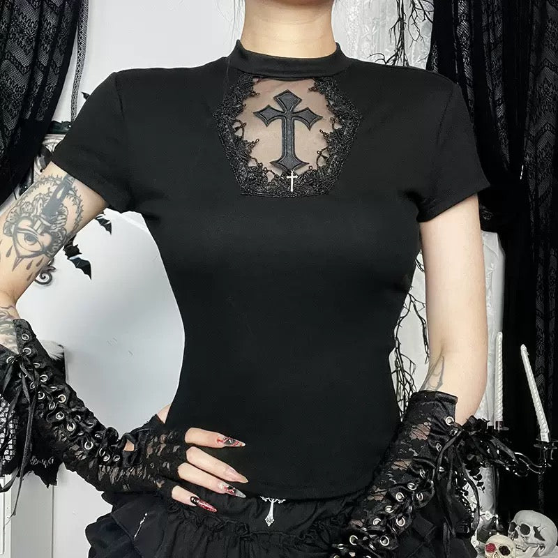 Goth Femboy In Black Gothic Cross T-Shirt - Femboy Fashion