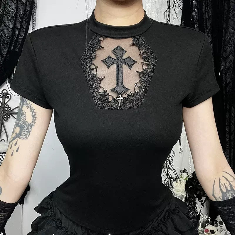 Goth Femboy In Black Gothic Cross T-Shirt - Femboy Fashion