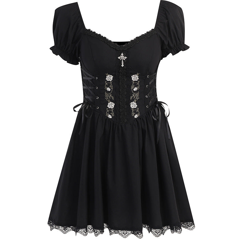 Black Gothic Dress Short Sleeve Front - Femboy Fashion