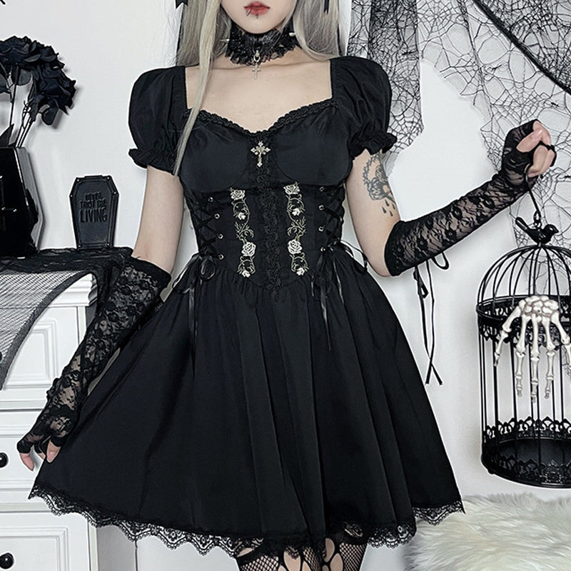 Gothic Femboy in Black Gothic Dress Short Sleeve - Femboy Fashion