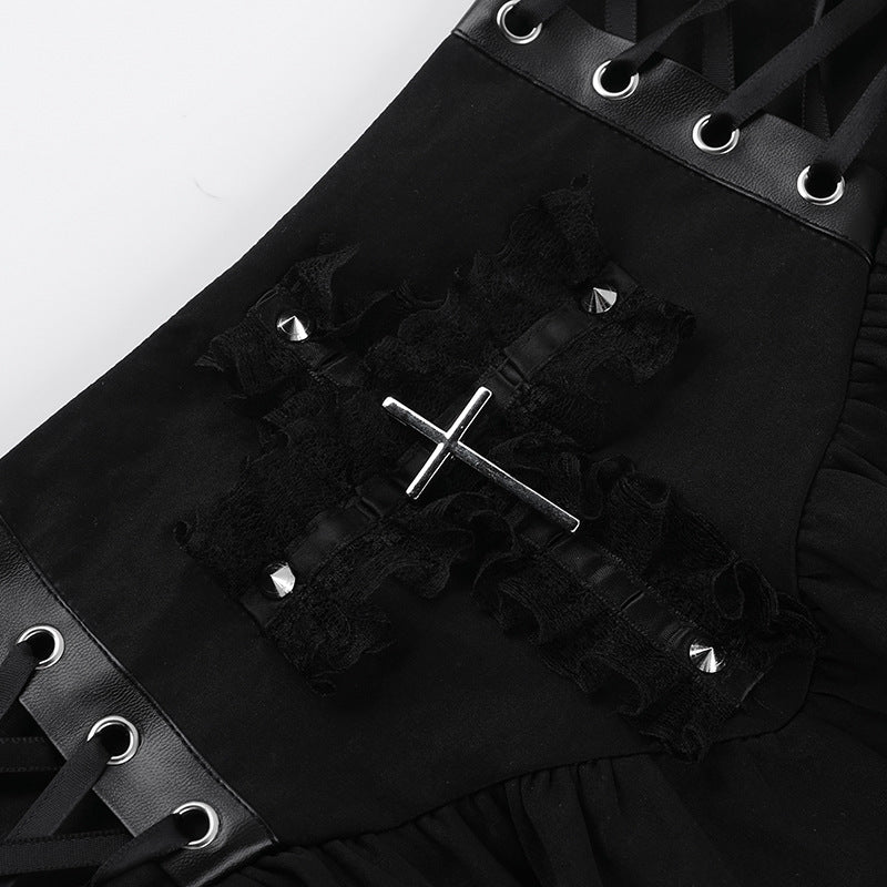 Femboy in black gothic lace up cross skirt details