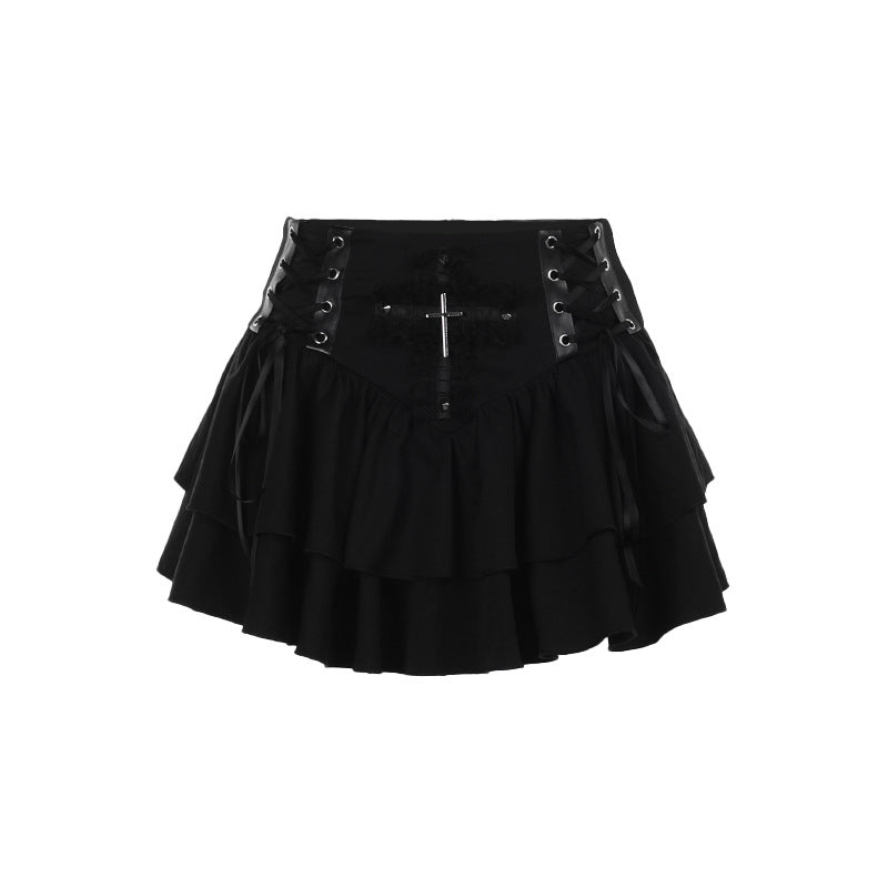 Black gothic lace up cross skirt front