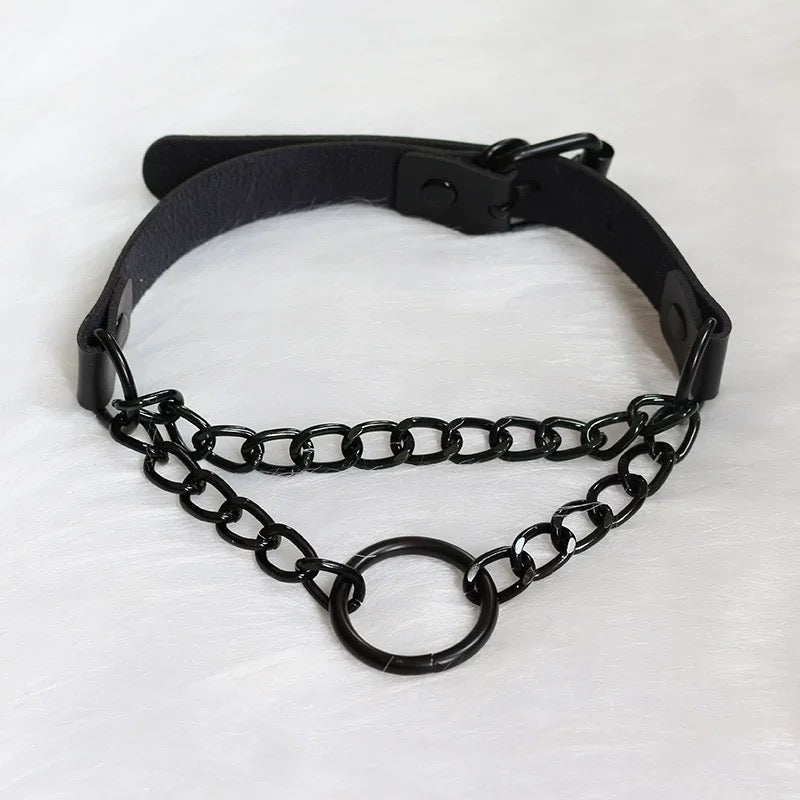 Black gothic leather choker with round chain