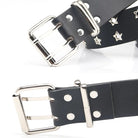 Black leather belt with silver buckle and star studs on a white background