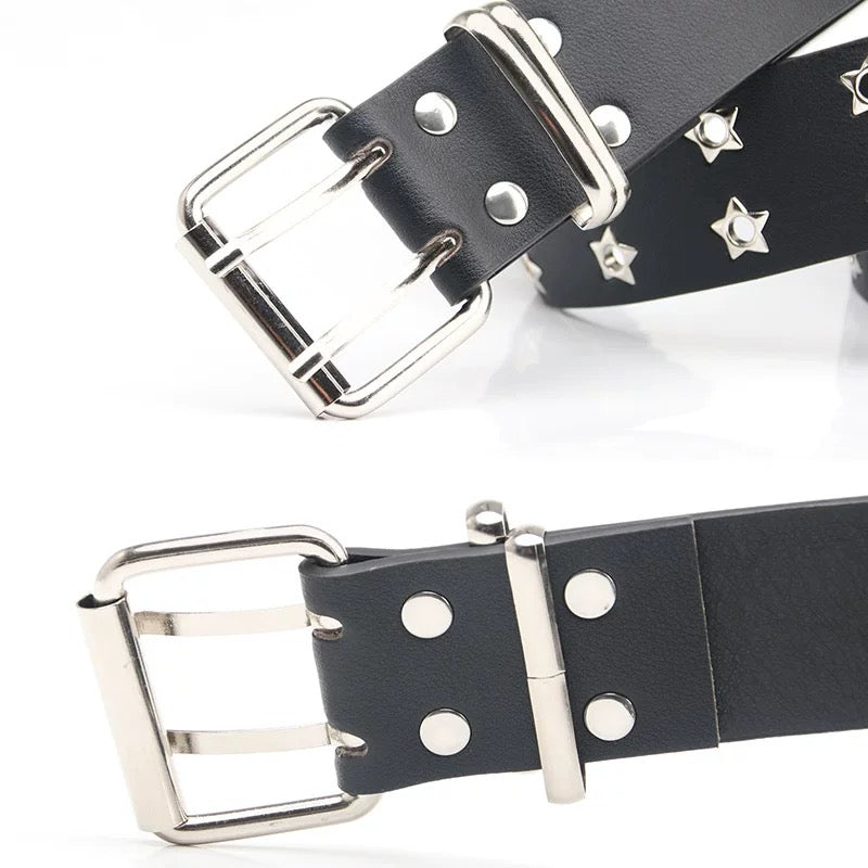 Black leather belt with silver buckle and star studs on a white background