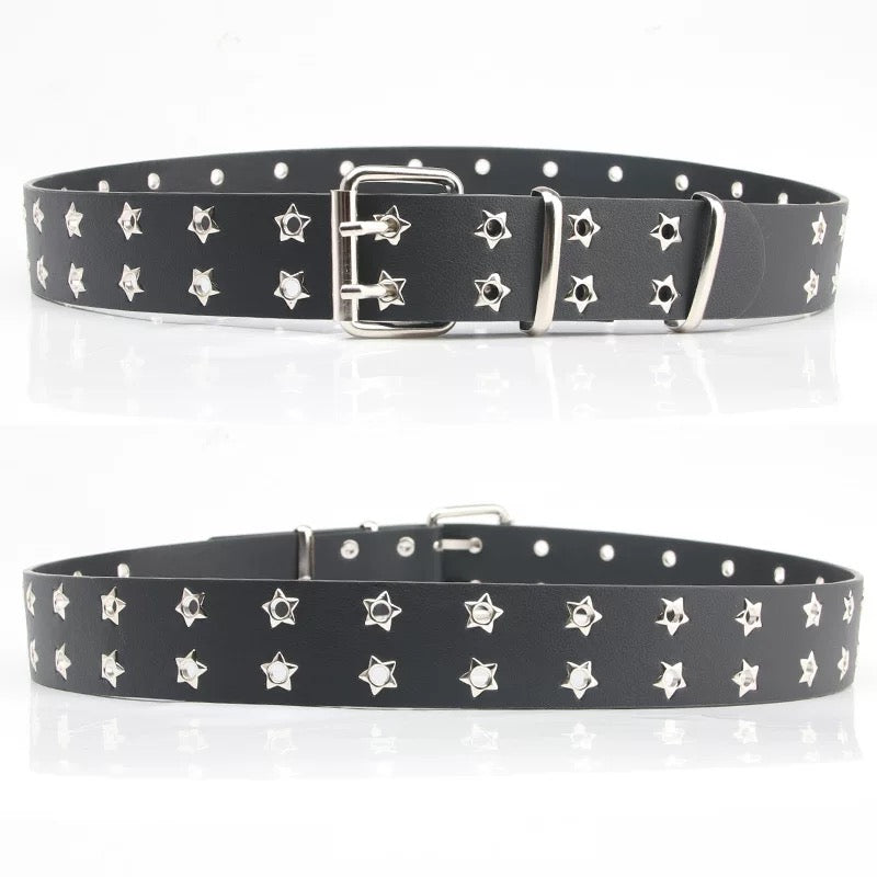 Black belt with star patterns and silver buckles on a white background