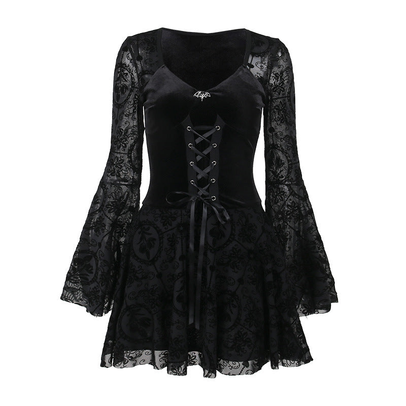 Black Gothic Style Dress Long Sleeve Front - Femboy Fashion