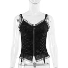 Black gothic zip-up corset top on a mannequin against a white background