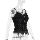 Black gothic zip-up corset top on a transparent mannequin against a white background