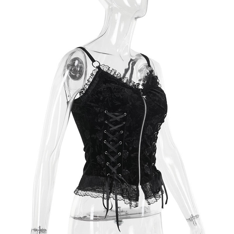 Black gothic zip-up corset top on a transparent mannequin against a white background