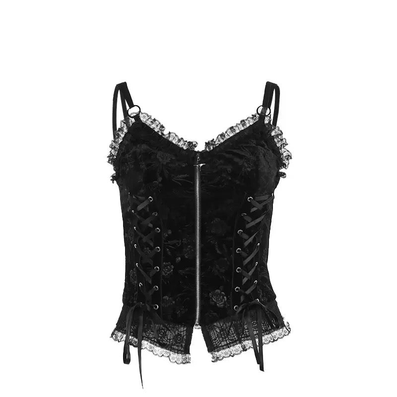 Black gothic zip-up corset top on a white background