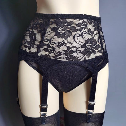 Black Sexy High Waist Floral Lace 6 Strap Garter Belt - Femboy Fashion