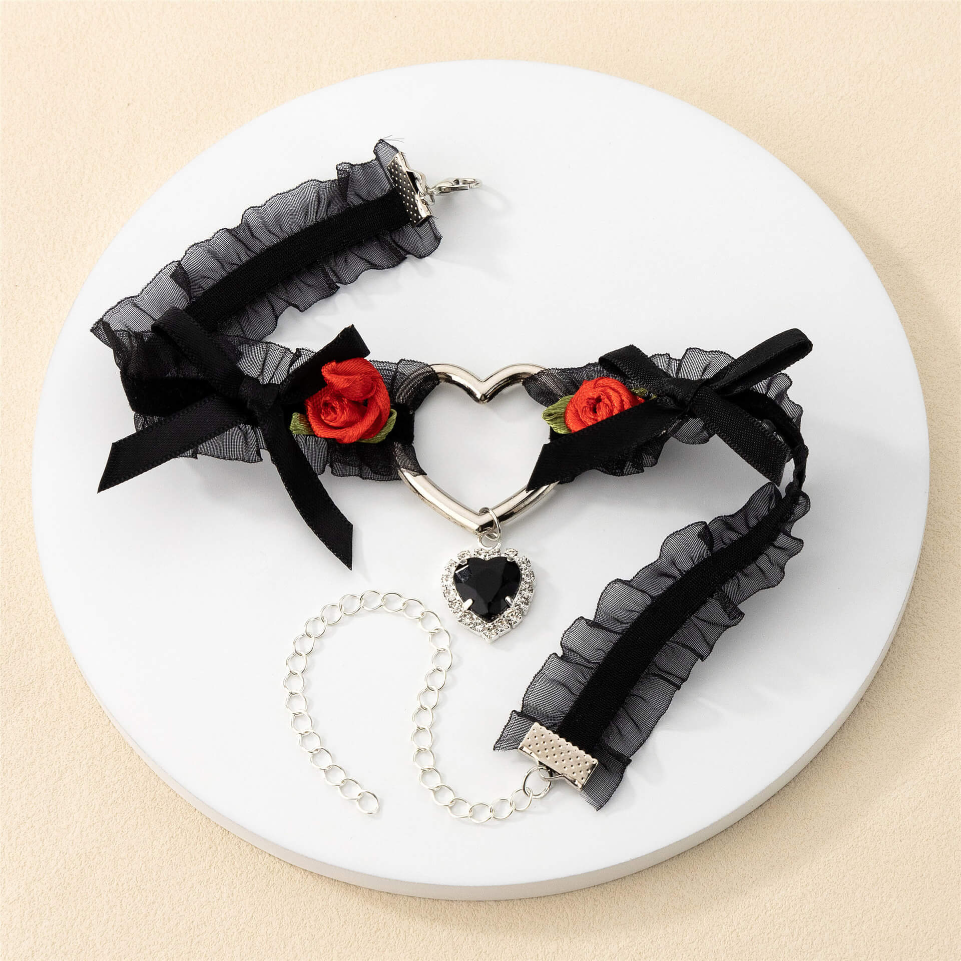 Black Lace Bow Choker With Heart - Femboy Fashion