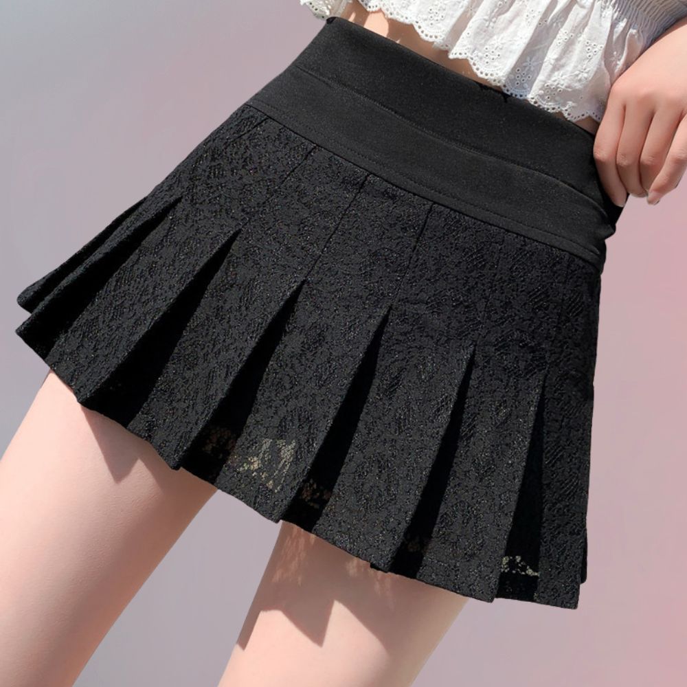 Black Lace Pleated Skirt
