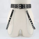 Black leather belt with two chain on a mannequin against a white background