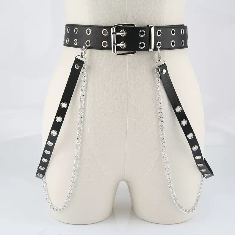 Black leather belt with two chain on a mannequin against a white background