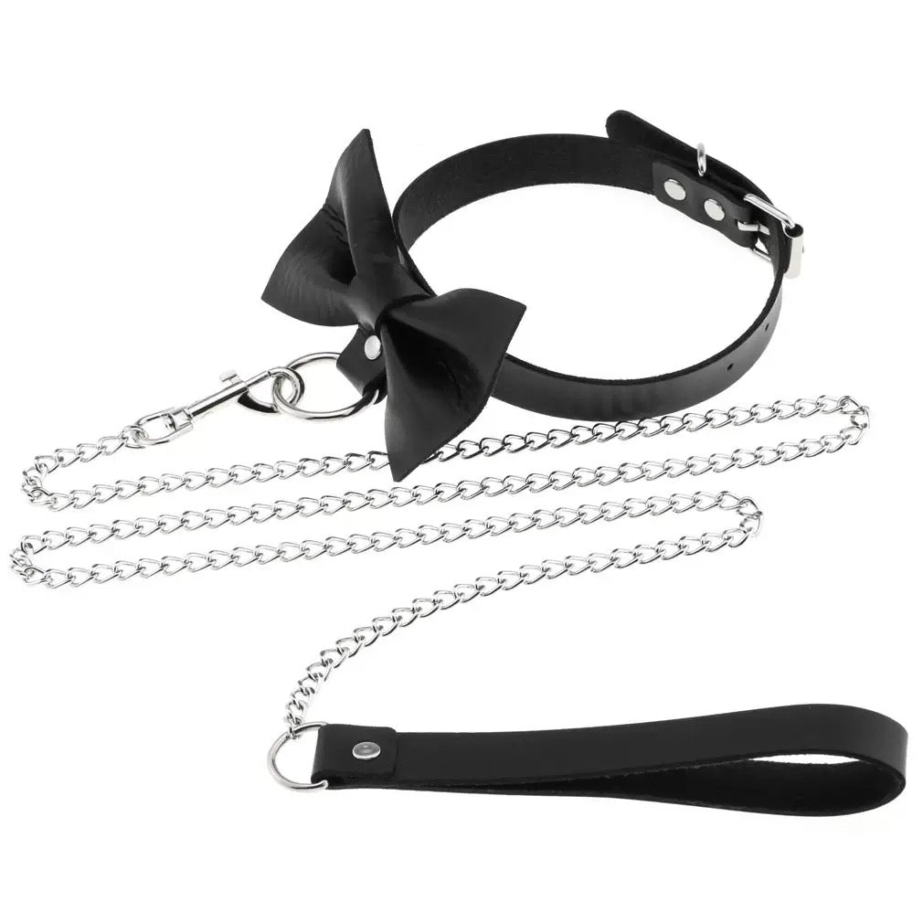 Black leather choker with big bow with chain set